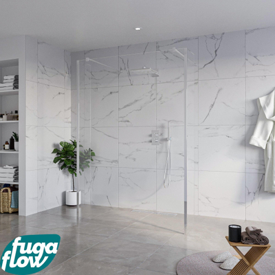 FugaFlow Eccelente Vetro Vrijstaande inloopdouche badkamer - 140x200cm - Helder - antikalk - 8mm veiligheidsglas - 2 zijwanden 30cm - met wandarmen en hoekprofielen - Chroom -