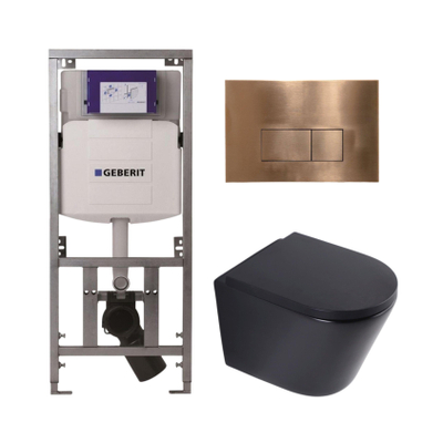 QeramiQ Dely Toiletset - 36.3x51.7cm - diepspoel - rimless - Geberit UP320 inbouwreservoir - softclose toilet zitting 35 mm - koperen bedieningsplaat - rechthoekige knoppen - mat zwart