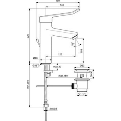 Ideal Standard Ceraplus 2 wastafelkraan met waste m. vaste zelflegende uitloop m. beugelgreep 14cm chroom