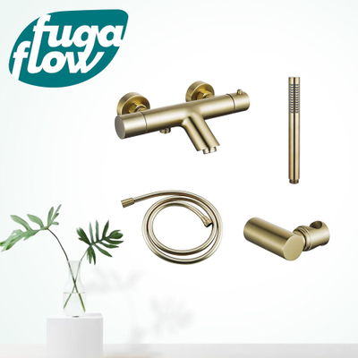 FugaFlow Eccelente Sobrado Badkamer Thermostatische badkraan met staafhanddouche, handdouchehouder en gladde doucheslang Geborsteld Messing PVD