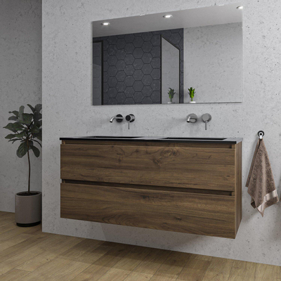 Adema Chaci Badkamermeubelset - 120x46x57cm - 2 keramische wasbakken zwart - zonder kraangaten - 2 lades - rechthoekige spiegel - noten (hout)