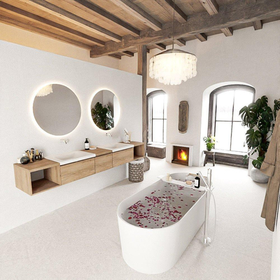 MONDIAZ BUKLA 240cm badmeubel met open module 40 L+R kleur Washed Oak met 3 lades. Wastafel CLOUD dubbel 0 kraangaten kleur Talc.