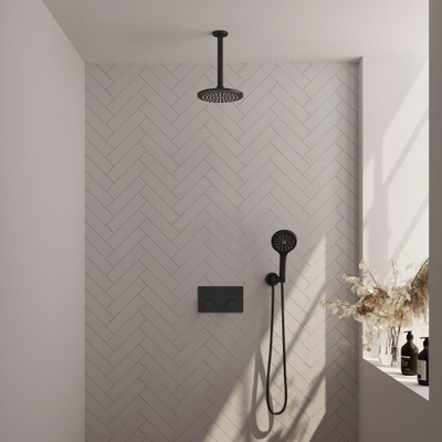 BRAUER Black Carving Thermostatische Regendouche inbouw - drukknoppen - SET 59 - 20cm hoofddouche - plafondarm - 3 standen handdouche - doucheslang - wandaansluitbocht - zwart mat