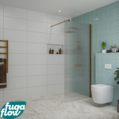 FugaFlow Eccelente Vetro inloopdouche badkamer - 90x200cm - ribbelglas - wandarm - geborsteld koper -