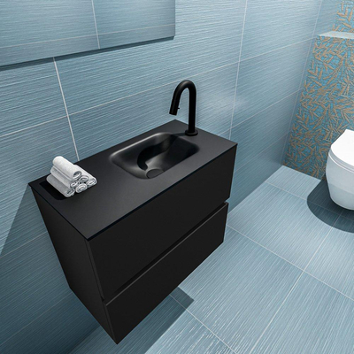 MONDIAZ ADA Toiletmeubel - 60x30x50cm - 1 kraangat - 2 lades - urban mat - wasbak rechts - Solid surface - Zwart