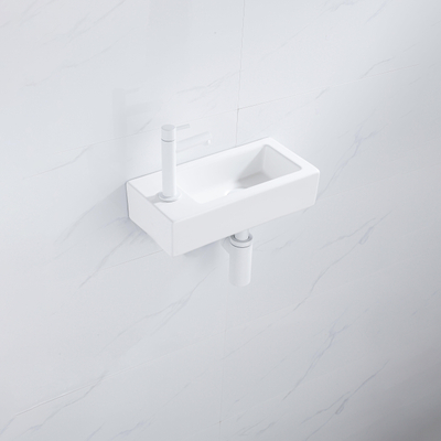 QeramiQ Fuente Fonteinset - 37.5x18.5x9cm - keramiek - kraangat links - fonteinkraan mat wit - afvoerplug - verlaagd sifon - Mat wit