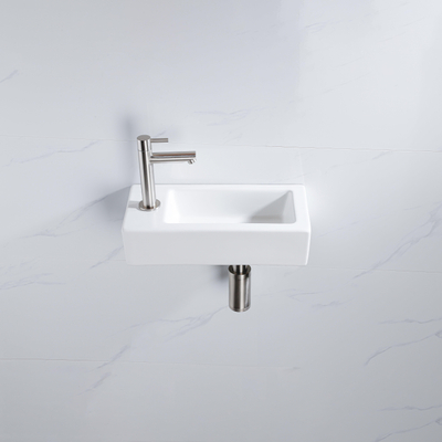 QeramiQ Fuente Fonteinset - 37.5x18.5x9cm - keramiek - kraangat links - fonteinkraan geborsteld RVS - afvoerplug - verlaagd sifon - Mat wit