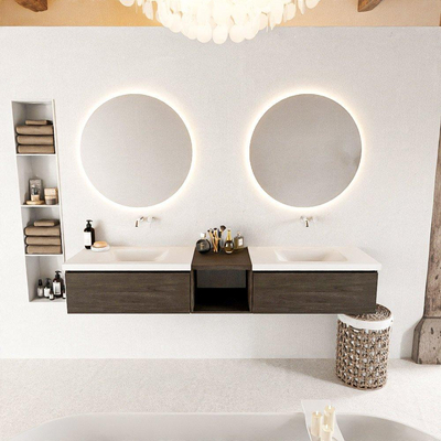 MONDIAZ BUKLA 200cm badmeubel met open module 40 kleur Dark Brown met 2 lades. Wastafel CLOUD dubbel 0 kraangaten kleur Talc.