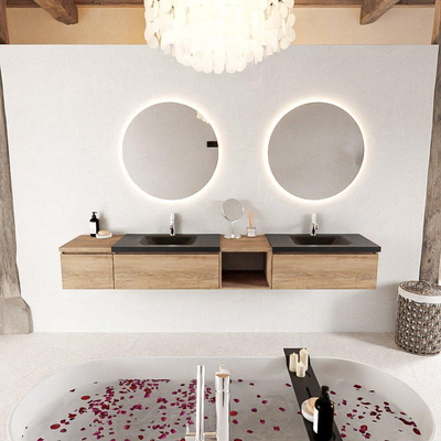 MONDIAZ BUKLA 240cm badmeubel met open module 40 rechts kleur Washed Oak met 3 lades. Wastafel CLOUD dubbel 2 kraangaten kleur Urban.