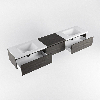 MONDIAZ BUKLA 220cm badmeubel met module 60 kleur Dark Brown met 3 lades. Wastafel CLOUD dubbel 2 kraangaten kleur Talc.