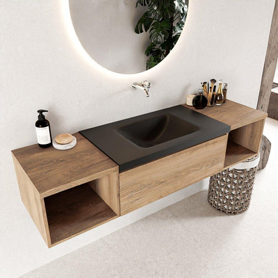 Mondiaz BUKLA Badkamermeubelset - 160x45x34cm - 0 kraangaten - wasbak midden - solid surface - Urban - greeploos - 2 lades - Melamine - Washed Oak