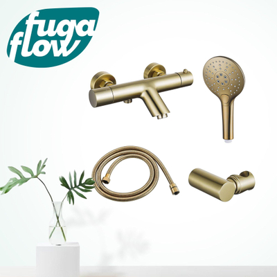 FugaFlow Eccelente Sobrado Badkamer Thermostatische badkraan met ronde handdouche, handdouchehouder en metalen doucheslang Geborsteld Messing PVD