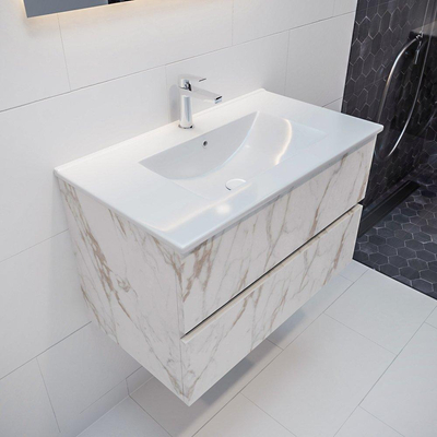 MONDIAZ VICA Badkamermeubelset - 80cm - 2 lades - wasbak Denia midden - 1 kraangat - solid surface carrara marmer