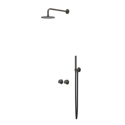 IVY Tribe Regendoucheset - inbouw - symmetry - 2-weg stop-omstel - 20cm plafondbuis - 20cm medium hoofddouche - houder met uitlaat - 150cm doucheslang - staafmodel handdouche - RVS316 - geborsteld carbon black PVD