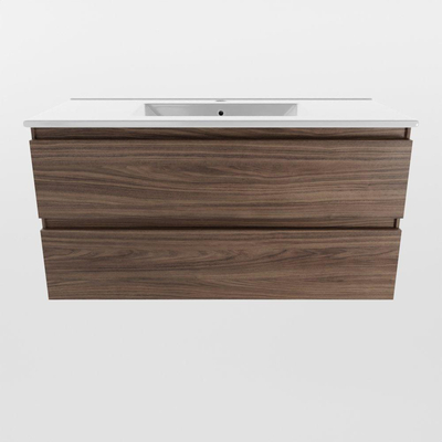 Mondiaz Aivy badmeubelset - 100x45x50cm - 1 kraangat - 1 wasbak talc Keramiek - Midden - 2 lades - Met spiegelkast - Melamine Mocha