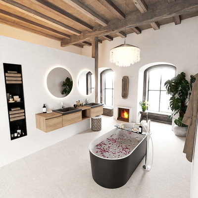 MONDIAZ BUKLA 200cm badmeubel met open module 40 rechts kleur Washed Oak met 3 lades. Wastafel CLOUD dubbel 2 kraangaten kleur Urban.