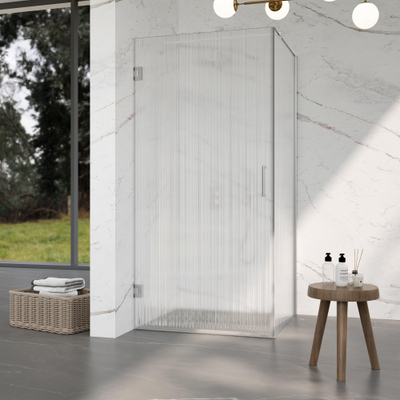 Fortifura Galeria Douchecabine - 90x100x200cm - scharnieren - deurgreep - stabilisatiestang - helder geribbeld - veiligheidsglas - Geborsteld RVS PVD (Rvs)