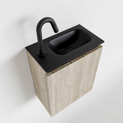 MONDIAZ TURE Fonteinset 40x23x50cm 1 kraangat 1 deur light brown grey mat Wasbak rechts Solid Surface Zwart met hotbath fonteinkraan opbouw chroom SHOWROOMMODEL