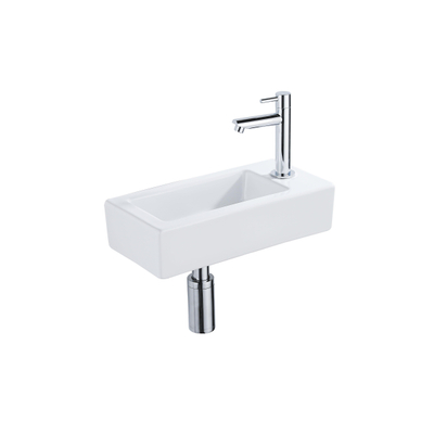 QeramiQ Fuente Fonteinset - 37.5x18.5x9cm - keramiek - kraangat rechts - fonteinkraan chroom - afvoerplug - verlaagd sifon - Glans wit