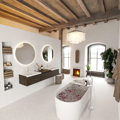 MONDIAZ BUKLA 180cm badmeubel met module 60 kleur Dark Brown met 3 lades. Wastafel CLOUD dubbel 2 kraangaten kleur Talc.