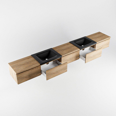 MONDIAZ BUKLA 300cm badmeubel met module 60 kleur Washed Oak met 5 lades. Wastafel CLOUD dubbel 0 kraangaten kleur Urban.