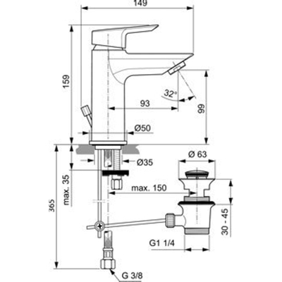 Ideal Standard Tesi wastafelkraan m. vaste uitloop met waste 5l/min chroom