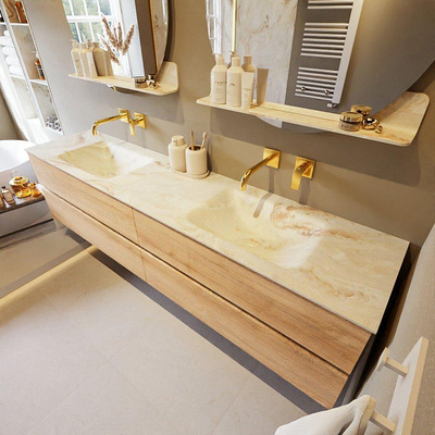 MONDIAZ VICA-DLUX Badkamermeubelset - 200cm - onderkast washed oak - 4 lades - inbouw wastafel cloud dubbel - zonder kraangaten - 60cm hoge versie - frape