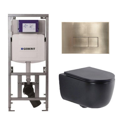QeramiQ Dely Swirl Toiletset - 36.3x51.7cm - Geberit UP320 Burda inbouwreservoir - slim zitting - geborsteld messing bedieningsplaat - rechthoekige knoppen - mat zwart
