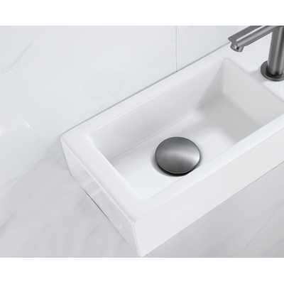 QeramiQ Fuente Fonteinset - 37.5x18.5x9cm - keramiek - kraangat rechts - fonteinkraan gunmetal - afvoerplug - verlaagd sifon - Mat wit