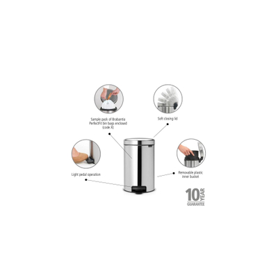 Brabantia NewIcon Pedaalemmer - 12 liter - kunststof binnenemmer - brilliant steel