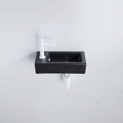 QeramiQ Fuente Fonteinset - 37.5x18.5x9cm - keramiek - kraangat links - fonteinkraan mat wit - afvoerplug - verlaagd sifon - Mat Zwart