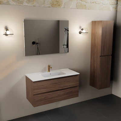 Mondiaz Aivy badmeubelset - 100x45x50cm - 1 kraangat - 1 wasbak talc Keramiek - Midden - 2 lades - Met spiegel - Melamine Mocha