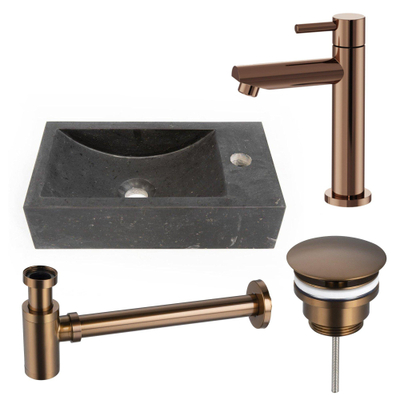 Fortifura Fuente fonteinset - 40x22 - 1 kraangat - rechts - natuursteen - fonteinkraan Geborsteld koper PVD (Koper) - donker