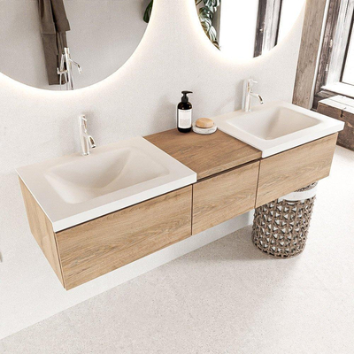 Mondiaz BUKLA Badkamermeubelset - 160x45x34cm - 2 kraangaten - 2 wasbakken solid surface - Talc - greeploos - 3 lades - Melamine - Washed Oak