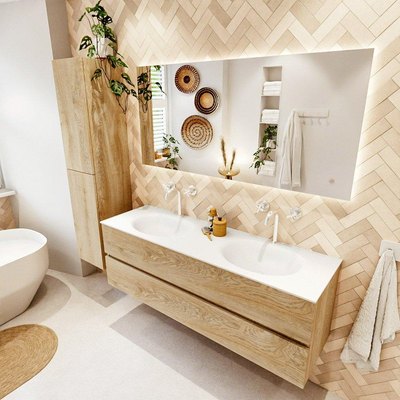 MONDIAZ VICA 150cm badmeubel onderkast Washed Oak 2 lades. Wastafel MOON dubbel 2 kraangaten, kleur Talc.