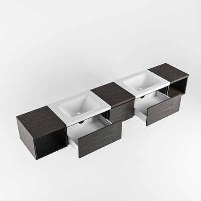 MONDIAZ BUKLA 240cm badmeubel met open module 40 L+R kleur Dark Brown met 3 lades. Wastafel CLOUD dubbel 0 kraangaten kleur Talc.