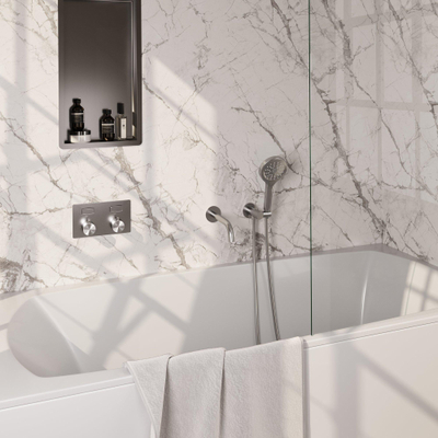 BRAUER Brushed Edition thermostatische inbouw badkraan - drukknoppen SET 04 - uitloop - 3 standen handdouche - doucheslang - wandaansluitbocht - RVS geborsteld PVD