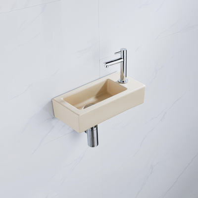 QeramiQ Fuente Fonteinset - 37.5x18.5x9cm - keramiek - kraangat rechts - fonteinkraan chroom - afvoerplug - verlaagd sifon - Mat Beige