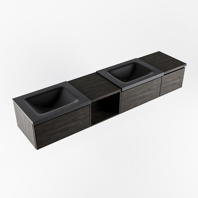 MONDIAZ BUKLA 200cm badmeubel met open module 40 links kleur Dark Brown met 3 lades. Wastafel CLOUD dubbel 2 kraangaten kleur Urban.