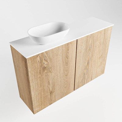 Mondiaz Fowy Toiletmeubel - 80x50x23cm - washed oak mat - 1 kraangat - wasbak links - 2 deuren - solid surface - blad Melamine - wasbak: wit