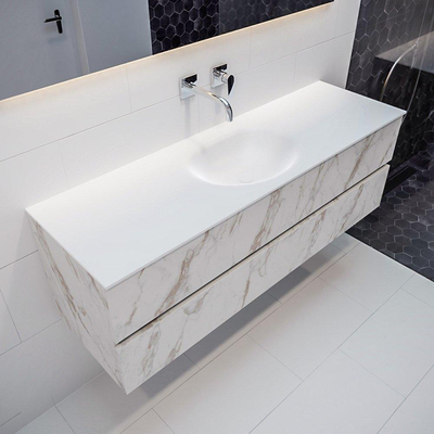 MONDIAZ VICA Badkamermeubelset - 150cm - 2 lades - wasbak Moon midden - 0 kraangaten - solid surface carrara marmer