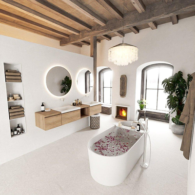 MONDIAZ BUKLA 200cm badmeubel met open module 40 rechts kleur Washed Oak met 3 lades. Wastafel CLOUD dubbel 0 kraangaten kleur Talc.