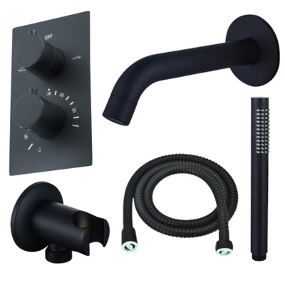 Fortifura Calvi Badkraan set - uitloop - 22cm inkortbaar - metalen slang - staafhanddouche - inbouwdeel - wandhouder - mat zwart