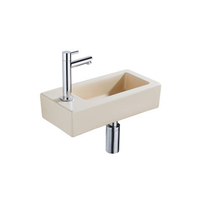 QeramiQ Fuente Fonteinset - 37.5x18.5x9cm - keramiek - kraangat links - fonteinkraan chroom - afvoerplug - verlaagd sifon - Mat Beige