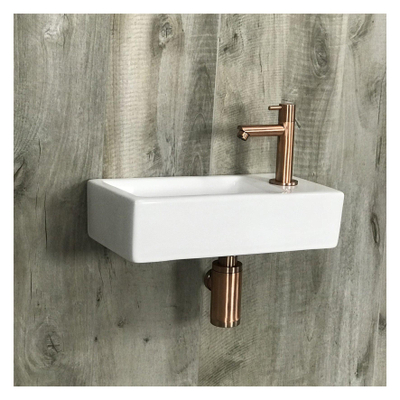 Differnz Hura fonteinset - 37.5x18.5x9cm - Rechthoek - 1 kraangat - Koper rose rechte kraan - Keramiek Wit