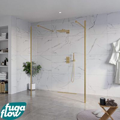 FugaFlow Eccelente Vetro Vrijstaande inloopdouche badkamer - 160x200cm - Helder - antikalk - 8mm veiligheidsglas - 2 zijwanden 30cm - met wandarmen en hoekprofielen - Messing geborsteld (goud) -