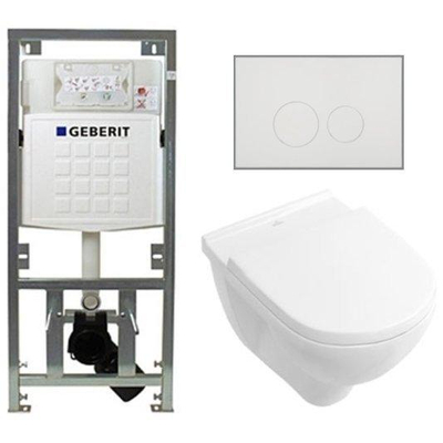 Villeroy & Boch O.novo toiletset met Geberit inbouwreservoir met diepspoel wandcloset wit softclose zitting en bedieningsplaat met ronde knoppen wit