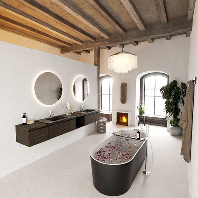 MONDIAZ BUKLA 240cm badmeubel met open module 40 rechts kleur Dark Brown met 3 lades. Wastafel CLOUD dubbel 2 kraangaten kleur Urban.