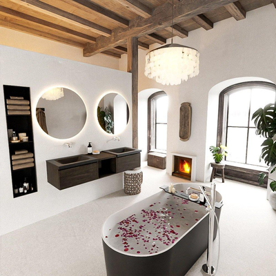 MONDIAZ BUKLA 160cm badmeubel met open module 40 kleur Dark Brown met 2 lades. Wastafel CLOUD dubbel 0 kraangaten kleur Urban.