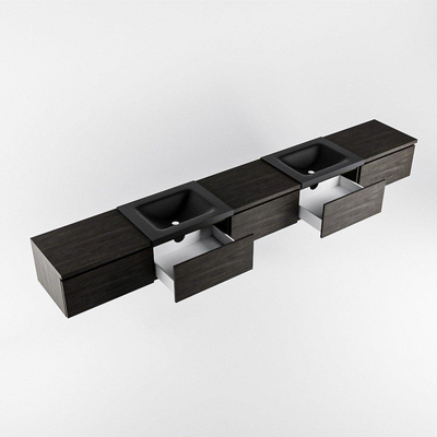 MONDIAZ BUKLA 300cm badmeubel met module 60 kleur Dark Brown met 5 lades. Wastafel CLOUD dubbel 2 kraangaten kleur Urban.